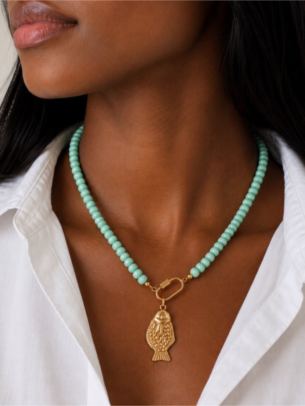 New! Coastal Colorful Mint Beaded Gold Fish Necklace NWOT 5035